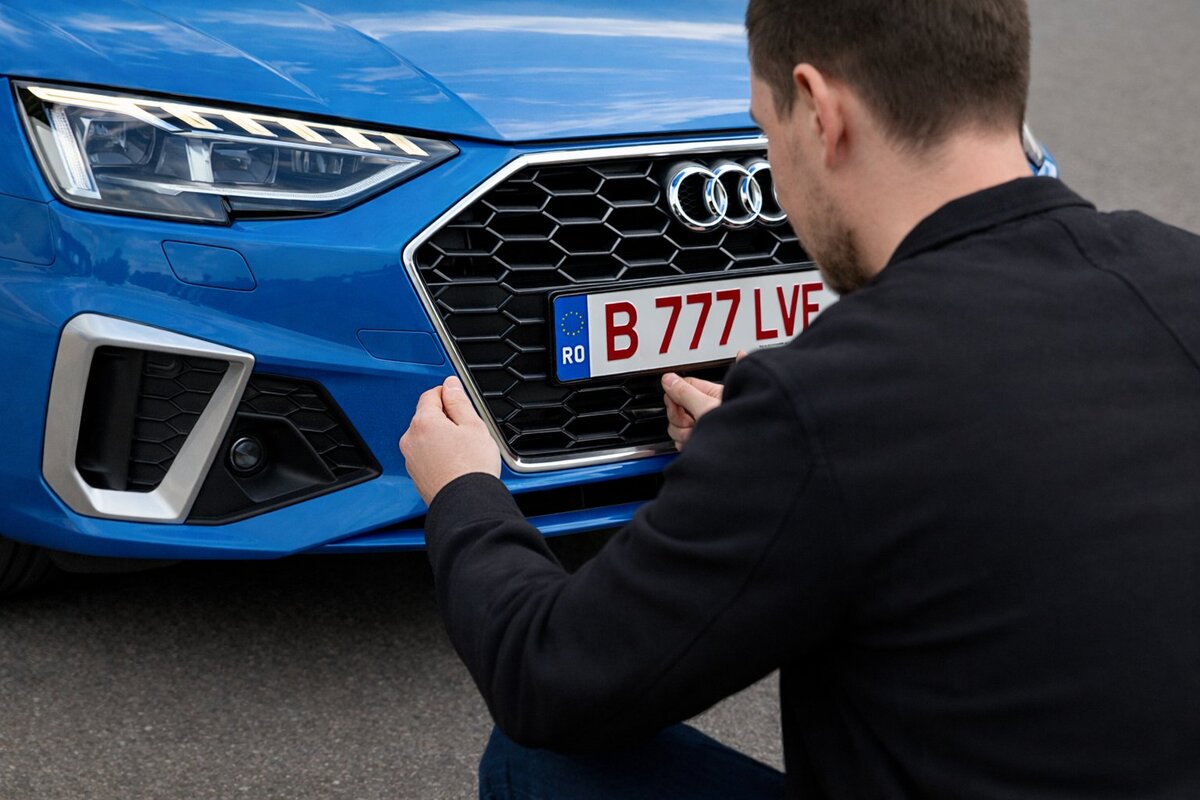 Bărbat montând plăcuțe de înmatriculare pe un Audi albastru, reprezentând procesul de înmatriculare auto cu asigurare RCA.